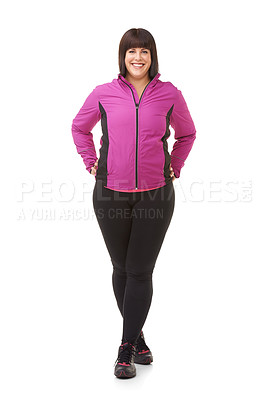 Buy stock photo Portrait of a plus-size model in exercise clothes against a white background