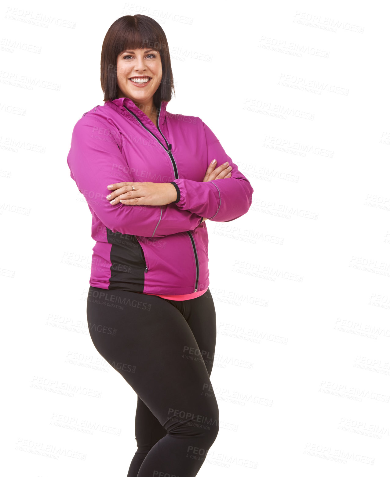 Buy stock photo Portrait of a plus-size model in exercise clothes against a white background