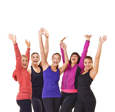 Buy stock photo A group of excited women of different body shapes standing isolated on white while wearing sportswear