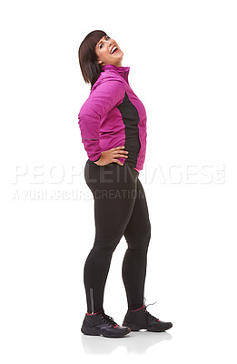 Buy stock photo Portrait, fitness and funny with plus size woman in studio isolated on white background for style. Smile, clothes and body positive with happy young person laughing in fashion or exercise outfit