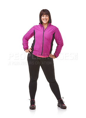 Buy stock photo Portrait, fitness and fashion with plus size woman in studio isolated on white background for workout or style. Smile, exercise or health with happy young model in body positive training outfit