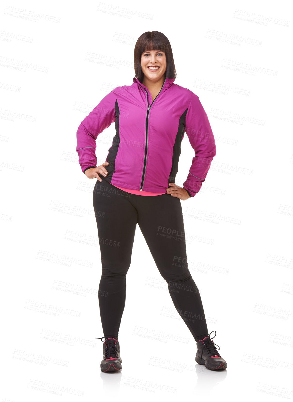 Buy stock photo Portrait, fitness and fashion with plus size woman in studio isolated on white background for workout or style. Smile, exercise or health with happy young model in body positive training outfit