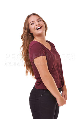 Buy stock photo Fashion, confident and portrait of woman in studio with stylish, casual and trendy outfit with smile. Happy, laughing and beautiful female person with style and cosmetic face by white background.