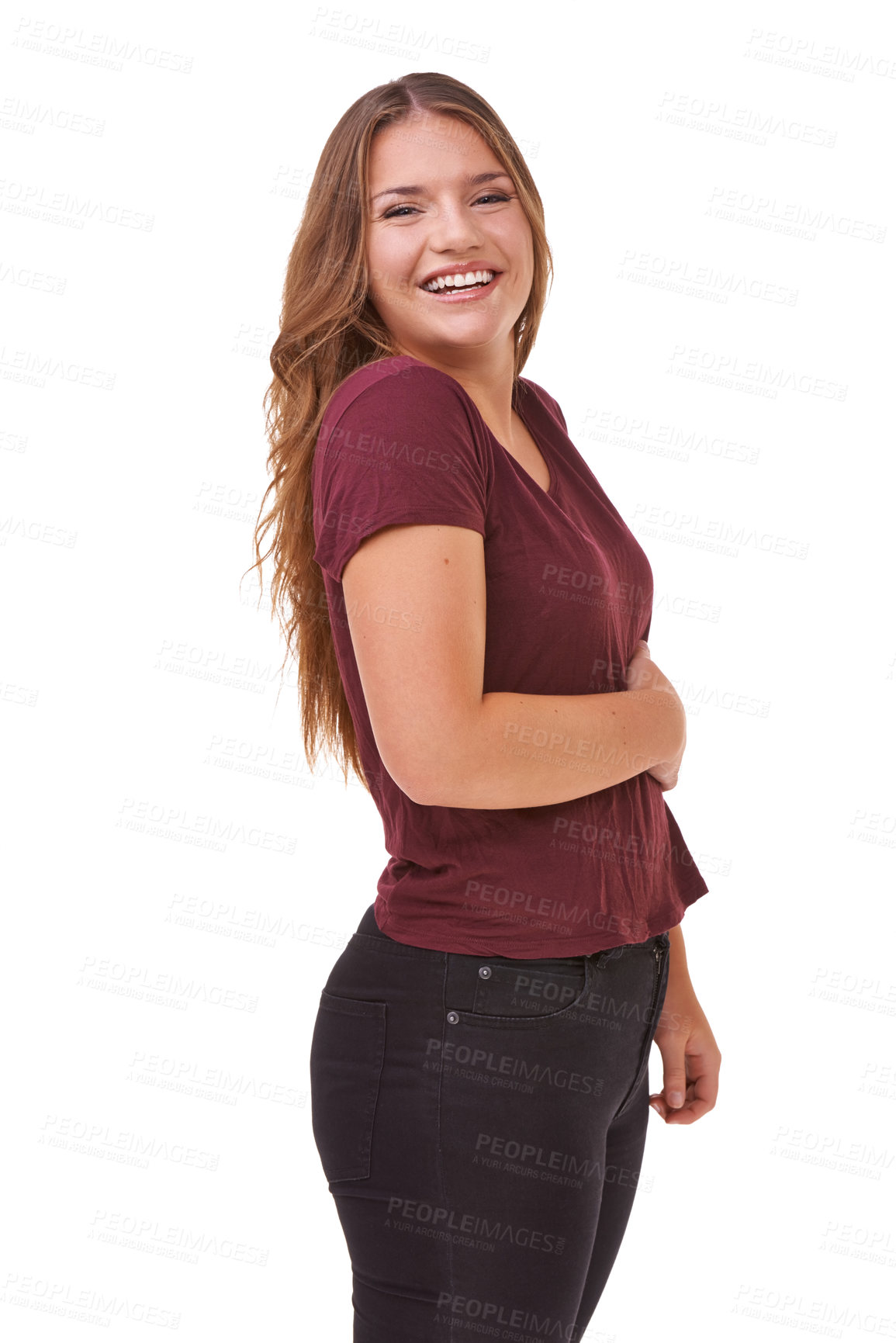 Buy stock photo Style, confident and portrait of woman in studio with stylish, casual and trendy outfit and makeup. Happy, smile and beautiful female person with fashion and cosmetics isolated by white background.