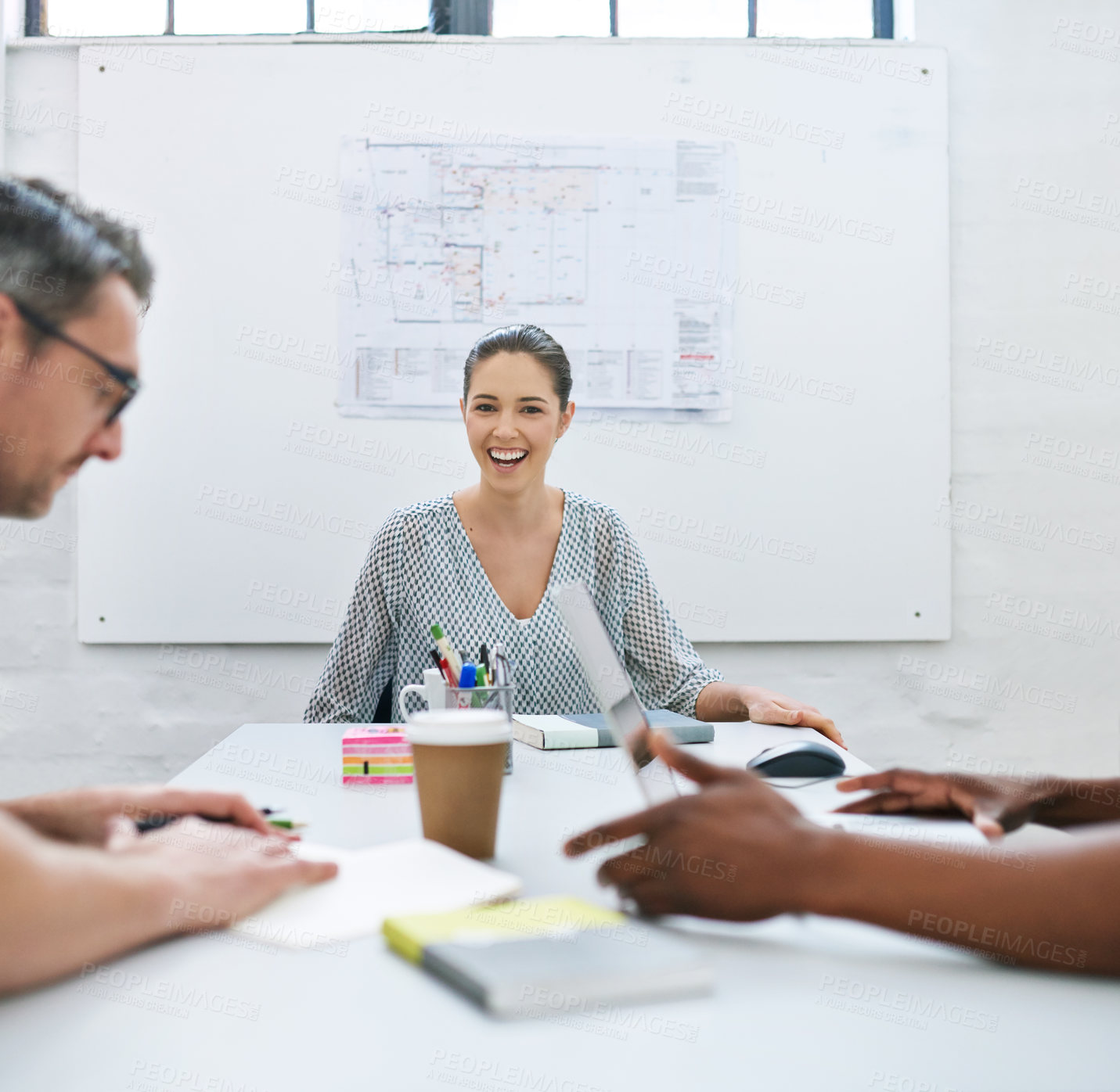 Buy stock photo Architect, happy and woman in meeting for portrait, planning and project management at blueprint. Design, excited and team in office for brainstorming, discussion and strategy for urban development