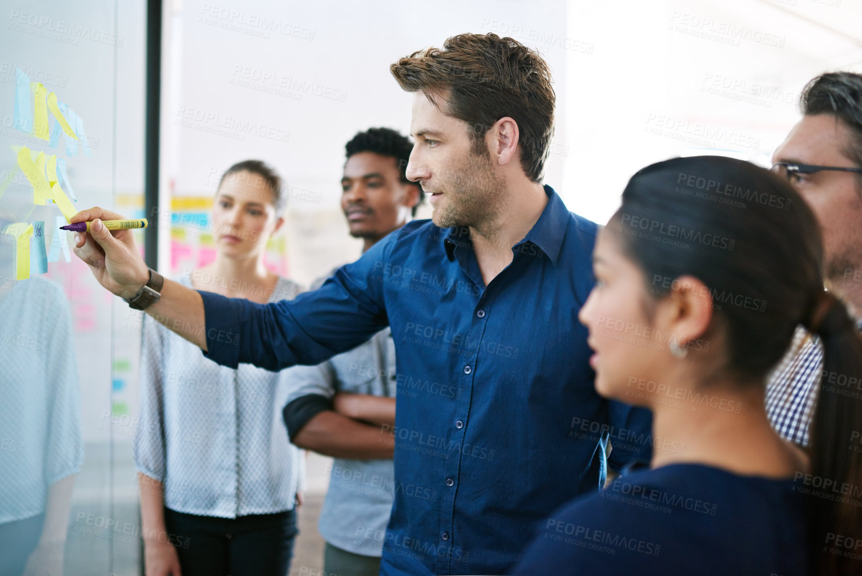 Buy stock photo Meeting, glass wall and team of business people in office planning creative strategy for brand management. Ideas, research and group of public relations specialists by board for project at startup.