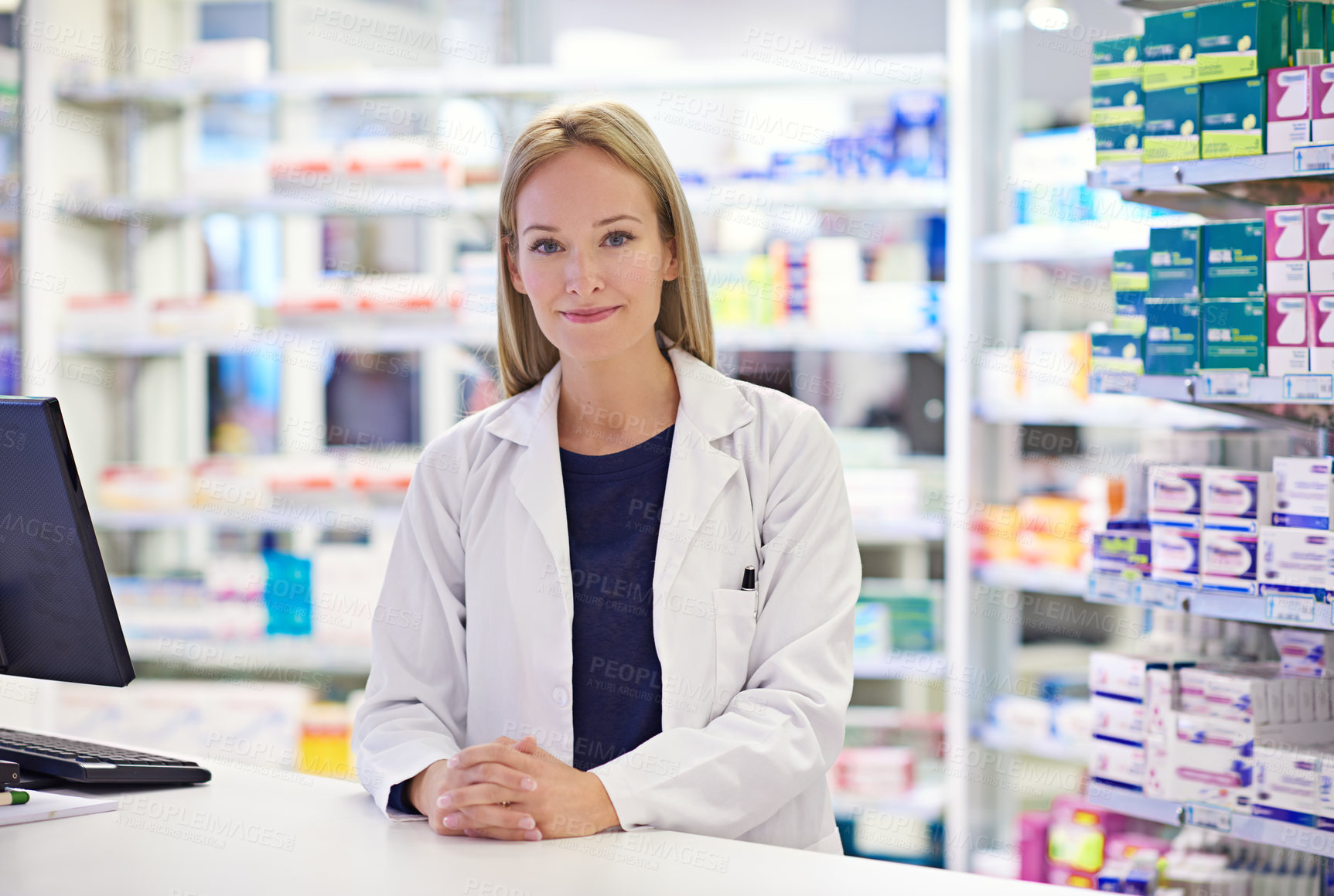 Buy stock photo Pharmacist, woman and portrait with smile at counter for customer service, prescription and medication. Pharmacy, confident and medical worker at dispensary for pharmaceutical, healthcare and supply