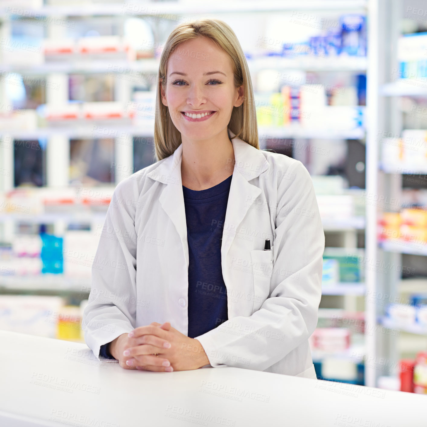 Buy stock photo Happy, pharmacist and portrait of woman at counter for customer service, healthcare and medication. Pharmacy, confident and medical worker at dispensary for pharmaceutical, prescription or assistance