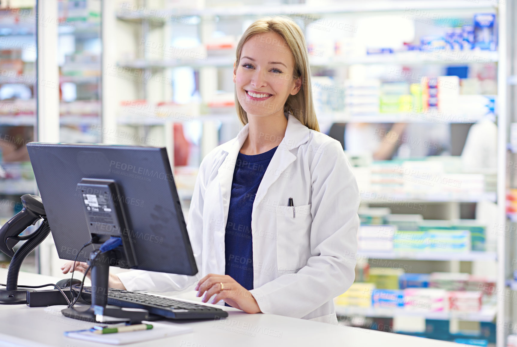 Buy stock photo Woman, pharmacist and portrait with smile by computer for customer service, prescription and medication. Pharmacy, happy and medical worker at dispensary for pharmaceutical, database and healthcare