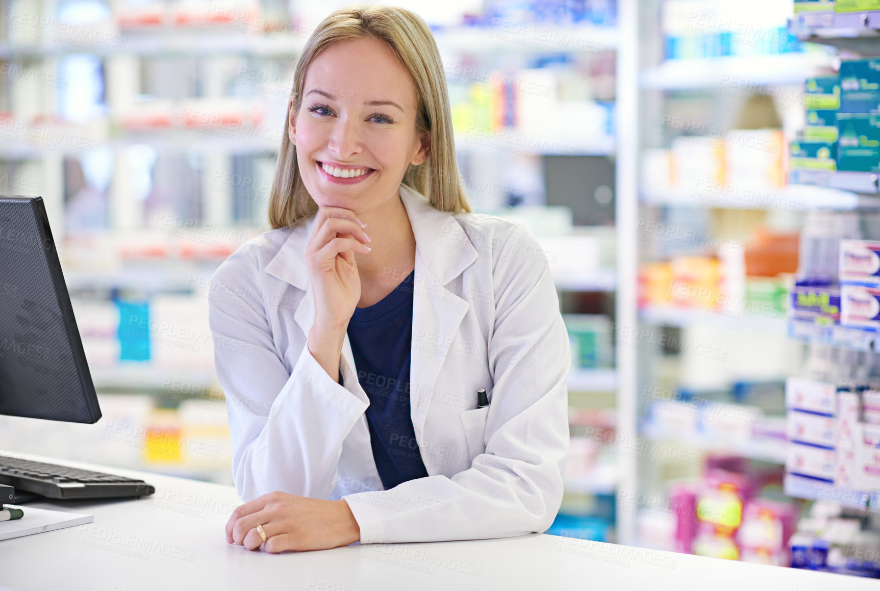 Buy stock photo Pharmacy, woman and portrait with smile at dispensary for pharmaceutical, prescription and medication. Happy, pharmacist and medical worker at counter for customer service, healthcare and assistance