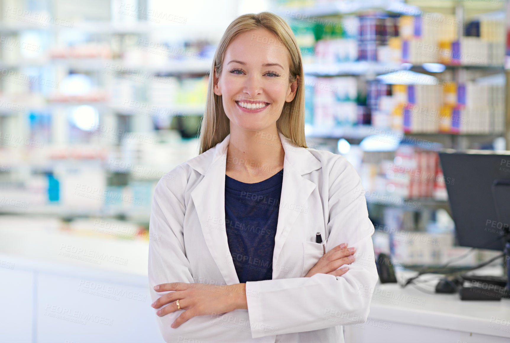 Buy stock photo Portrait of an attractive pharmacist at work