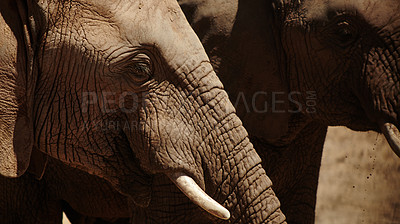 Buy stock photo Closeup, elephant and animals in savannah for wildlife, conservation and sustainability outdoors. Destination, location or safari with big five mammal for survival, indigenous or trunk in zoo habitat