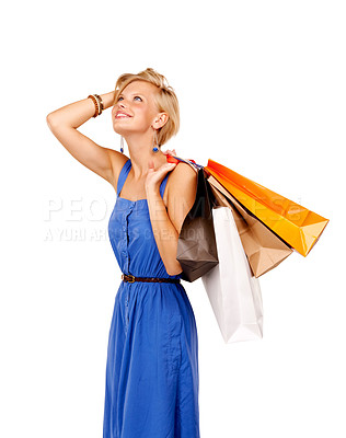 Buy stock photo Woman, thinking and shopping bag for fashion sale, discount and retail choice, inspiration or decision in studio. Happy customer or person search for gift ideas and clothes on a white background