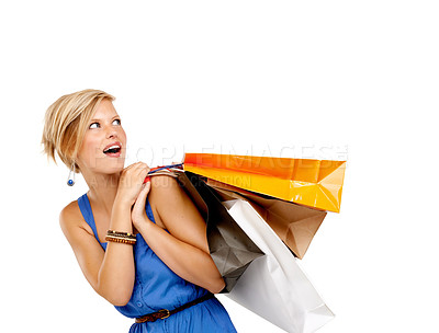 Buy stock photo Woman, wow and shopping bag for discount, sale and retail giveaway or competition on a white background. Happy customer or excited person with surprise for announcement, winning and fashion in studio