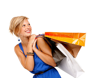 Buy stock photo Woman, shopping bag and thinking of retail discount, sale and fashion giveaway or clothes inspiration on a white background. Happy customer or person with gift ideas, boutique and commerce in studio