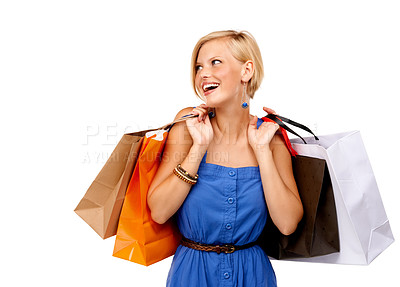 Buy stock photo Woman, shopping bag and wow or thinking of discount, sale and retail giveaway or fashion news on a white background. Happy customer or excited shopper with inspiration, ideas and success in studio