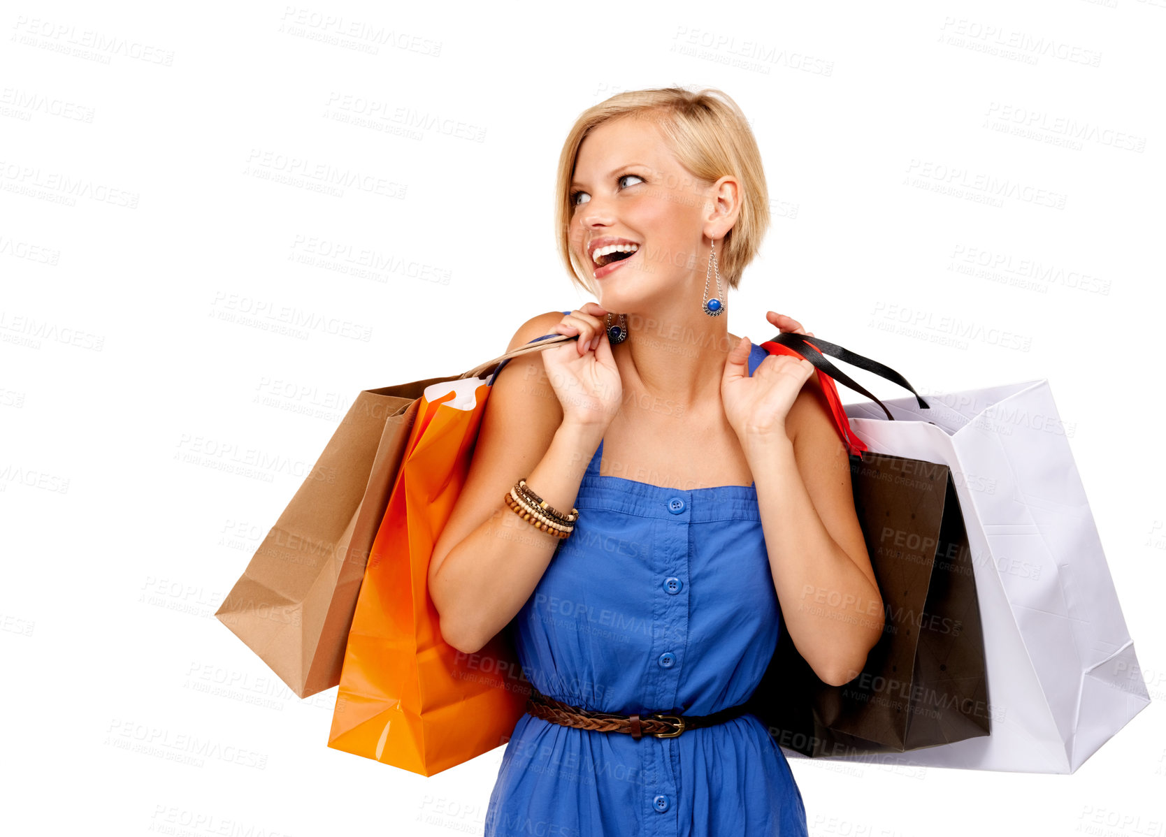 Buy stock photo Woman, shopping bag and wow or thinking of discount, sale and retail giveaway or fashion news on a white background. Happy customer or excited shopper with inspiration, ideas and success in studio