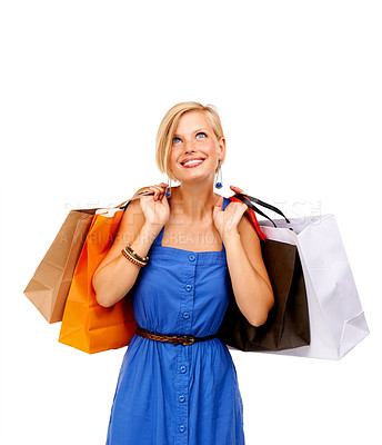 Buy stock photo Happy woman, shopping bag and thinking of retail discount, sale and giveaway or fashion choice on white background. Customer or excited shopper with ideas, clothes decision or commerce loan in studio