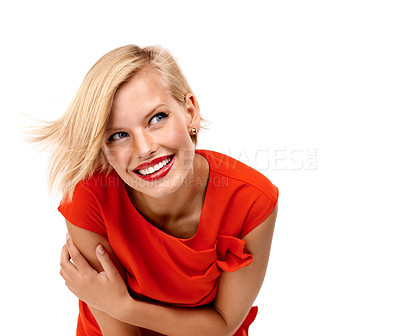 Buy stock photo Woman, smile and thinking in studio with fashion or beauty accessories, red lipstick or white background. Female person, happiness and thoughts in Australia with style or mockup, elegant or classy