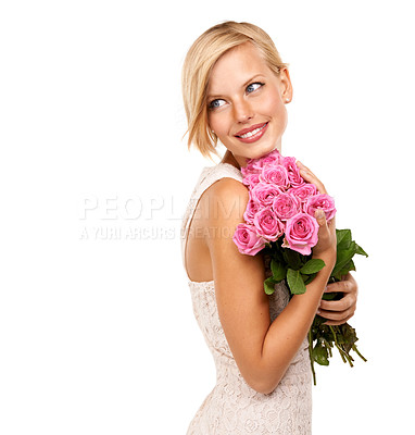 Buy stock photo Flowers, roses and bride with woman in studio for floral, valentines day and romance. Wedding, gift and happy with female person and bouquet on white background for elegant, love and present