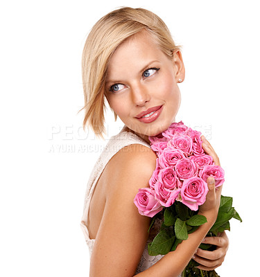Buy stock photo Flowers, bouquet and gift with woman in studio for floral, valentines day and romance. Plants, mockup and happy with female person and pink roses on white background for elegant, love and present 