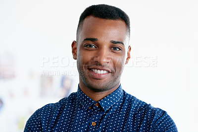 Buy stock photo Business, portrait and smile of black man in workplace, office or startup company for job of employee. Face, creative professional and happy entrepreneur or editor working on career in South Africa