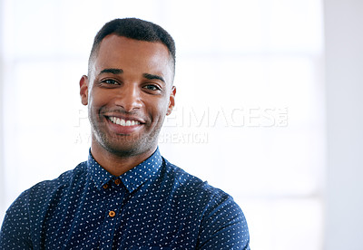 Buy stock photo Business, portrait and happy black man in office, workplace or startup company for job of employee. Face, smile and creative professional, entrepreneur or designer working on career in South Africa