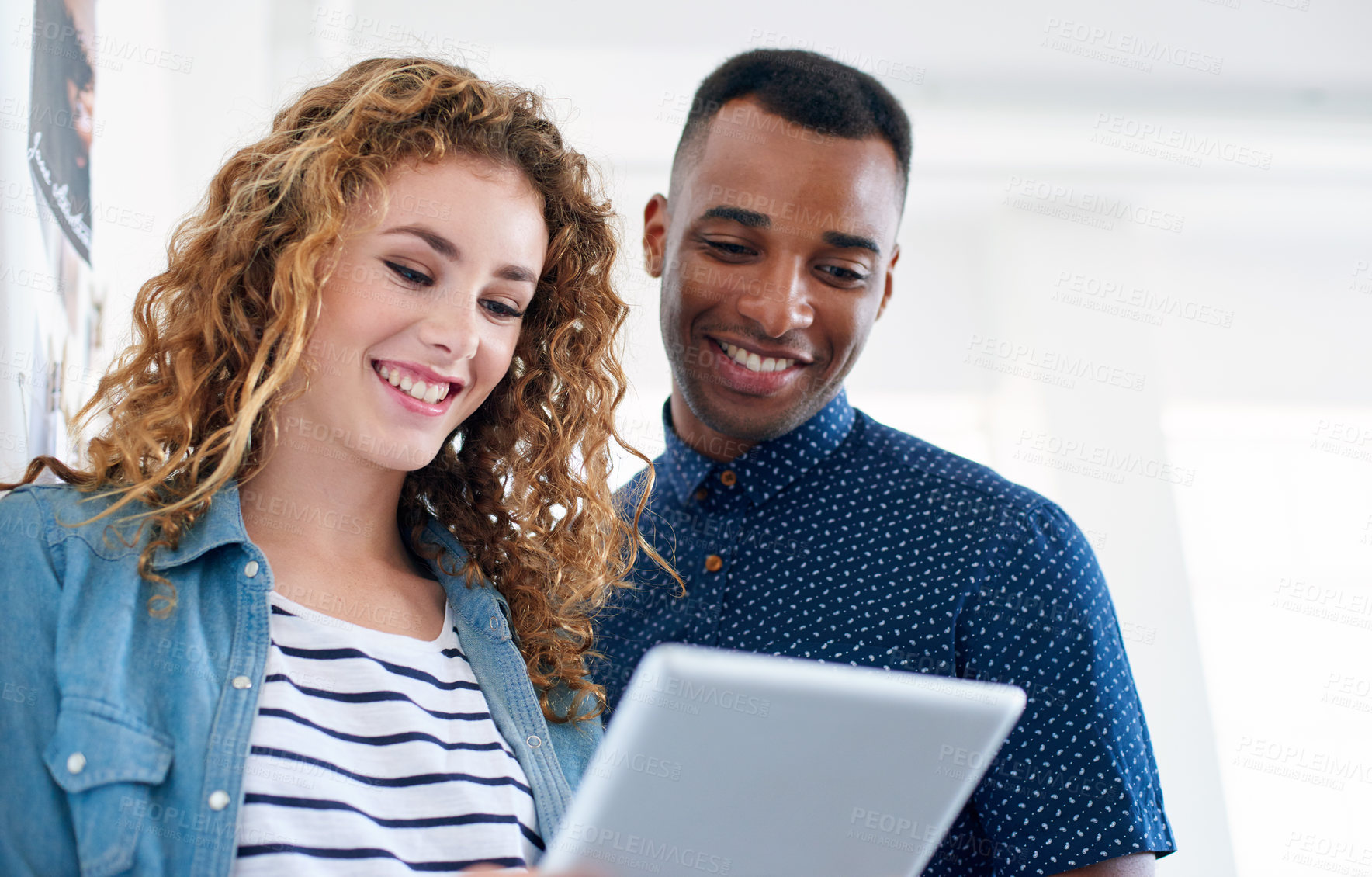 Buy stock photo Business people, tablet and collaboration with office, teamwork and digital work for online design. Employee, happy and professional with project of creative staff and website developer with scroll