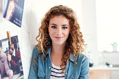 Buy stock photo Smile, confident and portrait of woman designer in office planning project with vision board. Happy, career and professional young female person working on creative startup business in workplace.