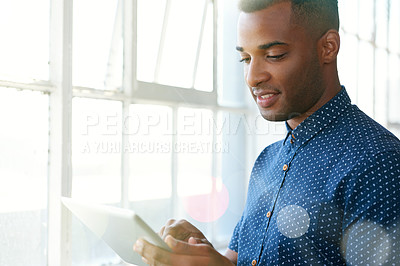 Buy stock photo Businessman, tablet and internet at window for communication, online search and networking in office. Entrepreneur, african employee and happy with technology for corporate email and planning at work