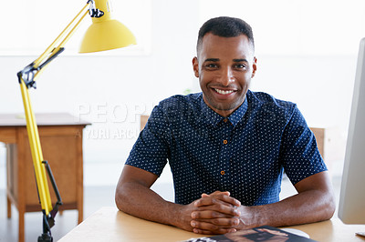 Buy stock photo Young businessman, portrait and confident in office by desk, consultant and creative in fashion. Happy, black man or positive face of designer in co working space or about us for ambition in company