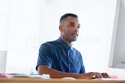 Buy stock photo Desktop, reading and man with research in office for creative project on internet by desk. Technology, career and professional male designer working online with computer for job in modern workplace.
