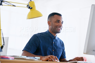 Buy stock photo Businessman, happy or working in office on desktop, planning or ambition with productivity in career. Journalist, smile and typing on computer for networking and online research for creativity in job