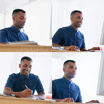 Buy stock photo Collage, businessman and working in office, focused and online professional taking notes. African American person, employee and creative blogging feature and update on internet site and social media