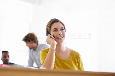 Buy stock photo Happy woman, business and phone call with proposal for conversation, networking or communication at office. Female person or creative employee talking on mobile smartphone for startup at workplace