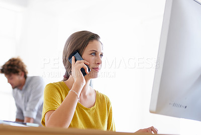 Buy stock photo Business woman, phone call and consultant with computer for conversation, networking or communication at office. Female person, agent or employee talking on mobile smartphone for advice at workplace