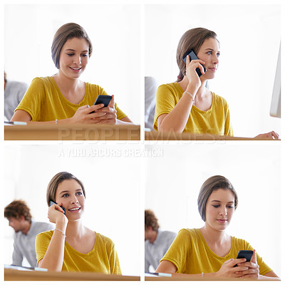 Buy stock photo Happy woman, collage and phone for communication, networking or social media at office. Young female person or sequence of creative employee talking and typing on mobile smartphone for online startup