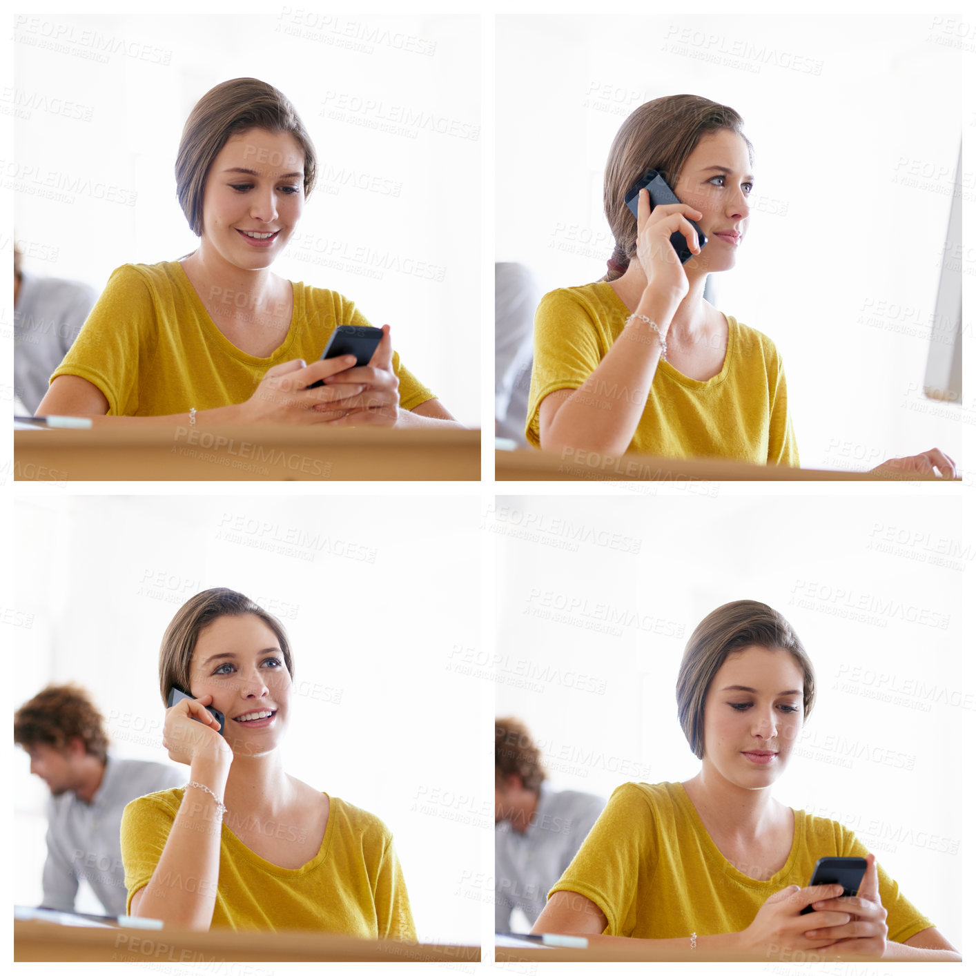 Buy stock photo Happy woman, collage and phone for communication, networking or social media at office. Young female person or sequence of creative employee talking and typing on mobile smartphone for online startup