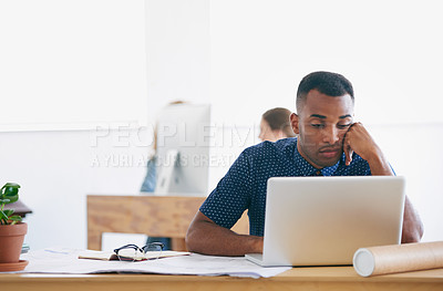 Buy stock photo African, businessman and laptop with office, bored and tired with work. Architect, technology and  paperwork with computer, fatigue and startup or small business with plans for entrepreneurship
