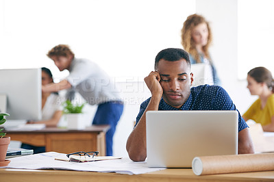 Buy stock photo African, architect and laptop with office, tired and stress with work. Businessman, technology and  paperwork with computer, fatigue and startup or small business with plans for entrepreneurship