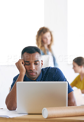 Buy stock photo African, businessman and computer with office, tired and stress with work. Architect, technology and paperwork with laptop, fatigue and startup or small business with plans for entrepreneurship