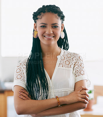 Buy stock photo Black woman, portrait and confident with happiness in office for working as advertising manager for sales company. Female person, ambitious and smile for creative career, job and projects for agency