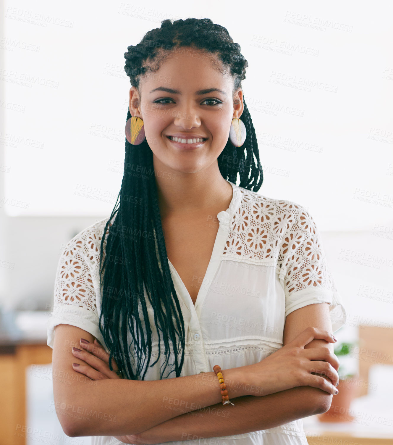 Buy stock photo Black woman, portrait and confident with happiness in office for working as advertising manager for sales company. Female person, ambitious and smile for creative career, job and projects for agency