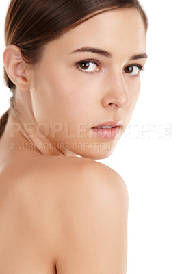 Buy stock photo Cropped portrait of a beautiful young woman isolated on white