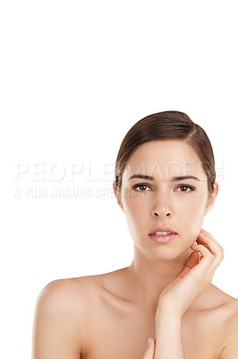 Buy stock photo Cropped portrait of a beautiful young woman isolated on white