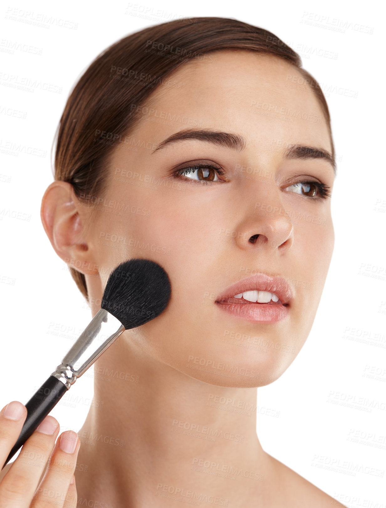 Buy stock photo Woman, blush tool and apply makeup in studio, skincare and planning for facial transformation. Female person, cosmetic brush and thinking on dermatology treatment, foundation and white background