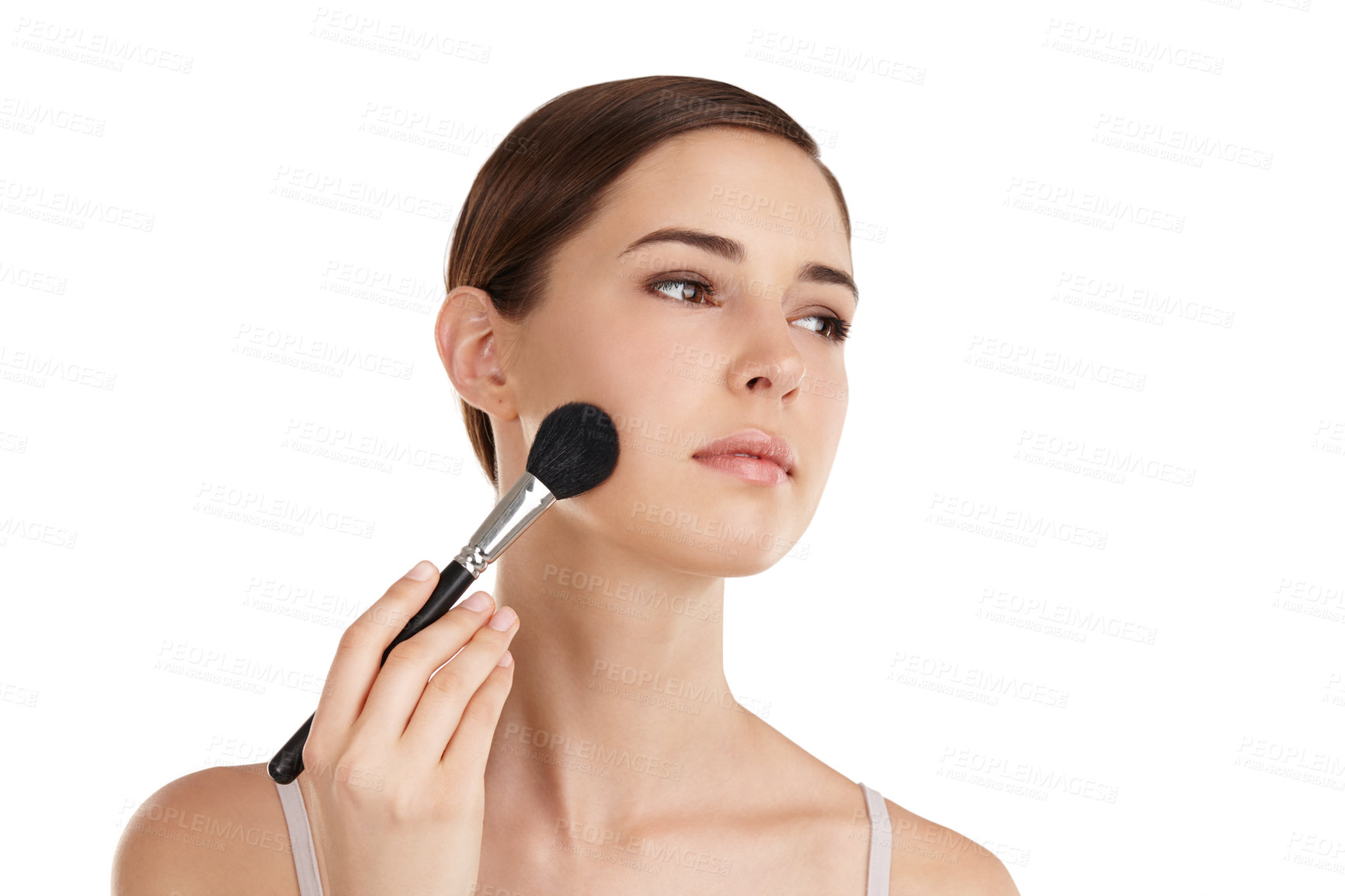 Buy stock photo Cropped shot of a beautiful young woman applying blusher against a white background