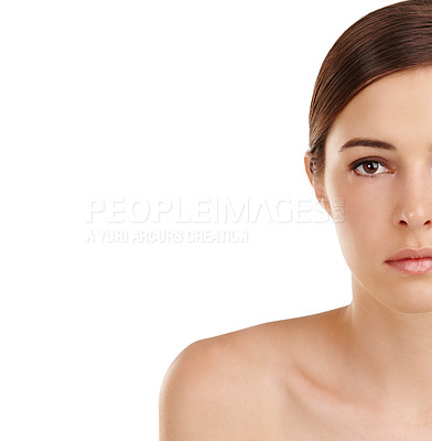 Buy stock photo Cropped portrait of a beautiful young woman isolated on white