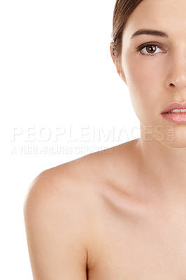 Buy stock photo Cropped portrait of a beautiful young woman isolated on white