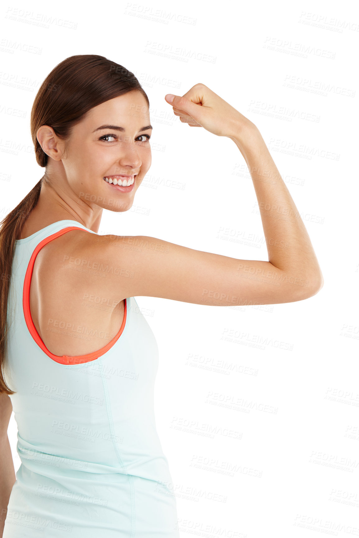 Buy stock photo Shot of a beautiful young woman flexing her muscles